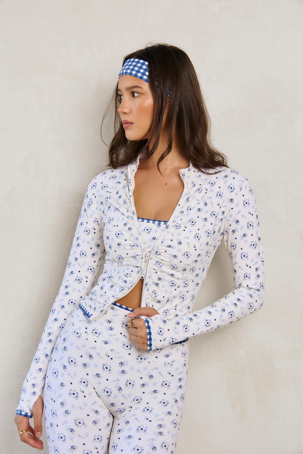 Astoria LUXE BALANCE Ruched Zip Up Jacket - Blueberry Gingham - Image 3