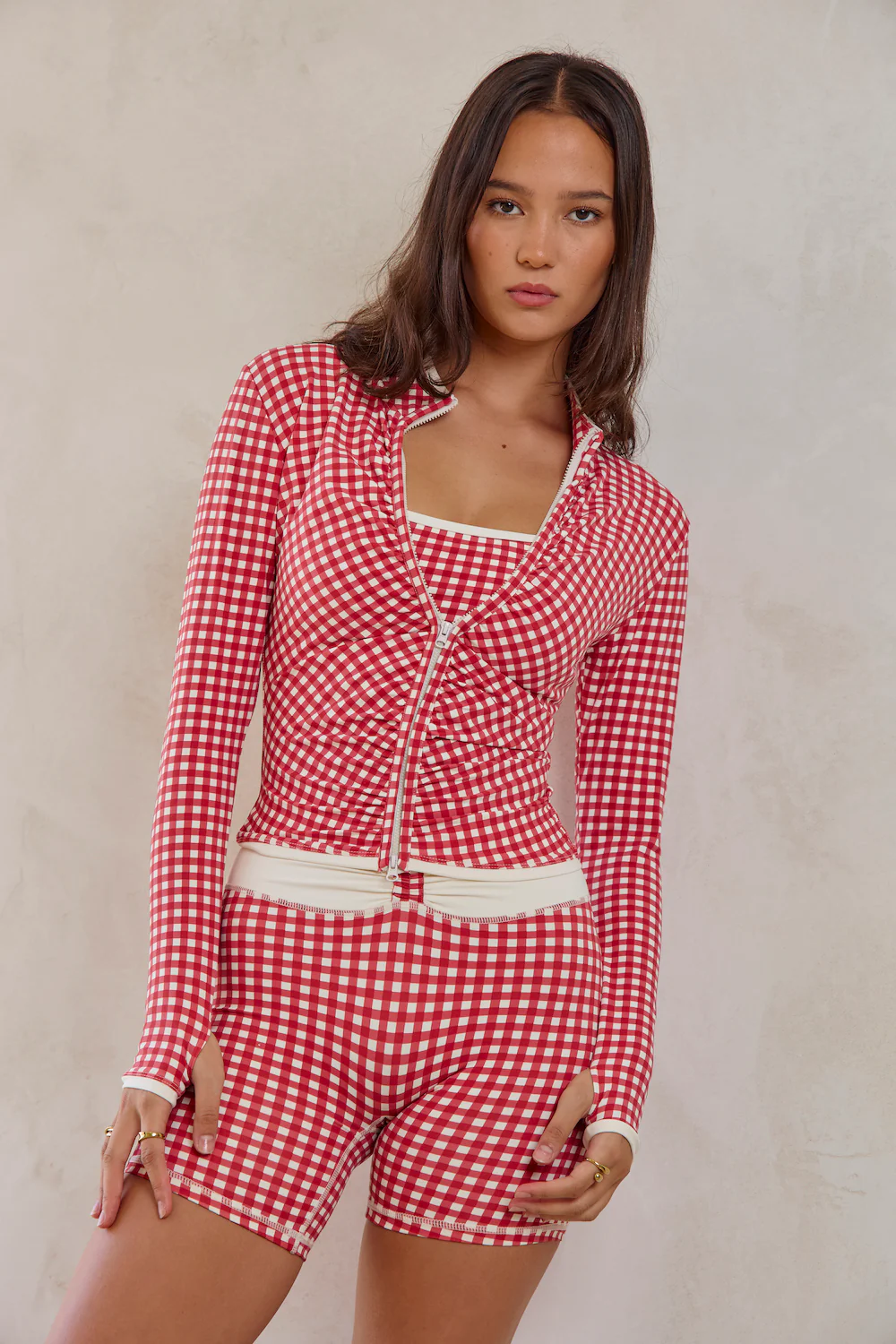 Astoria LUXE BALANCE Ruched Zip Up Jacket - Red Gingham - Image 3