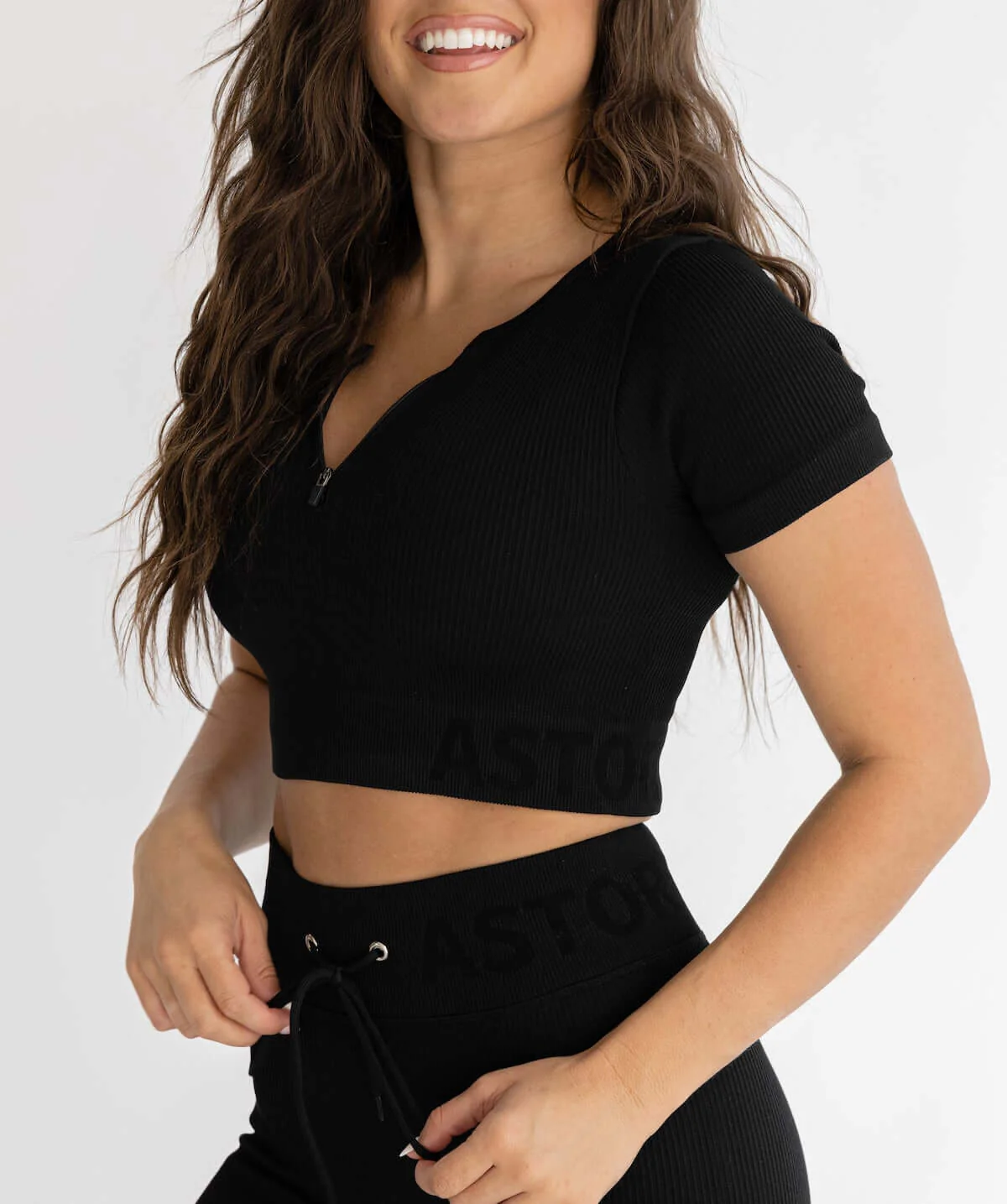 Astoria Seamless Ribbed Series Zip Quarter-Sleeve Crop - Black - Image 5
